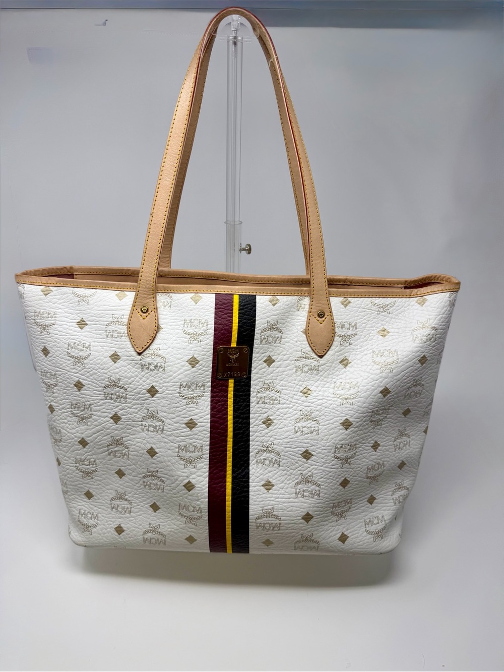 MCM Visetos White Logo Stripe Tote Bag